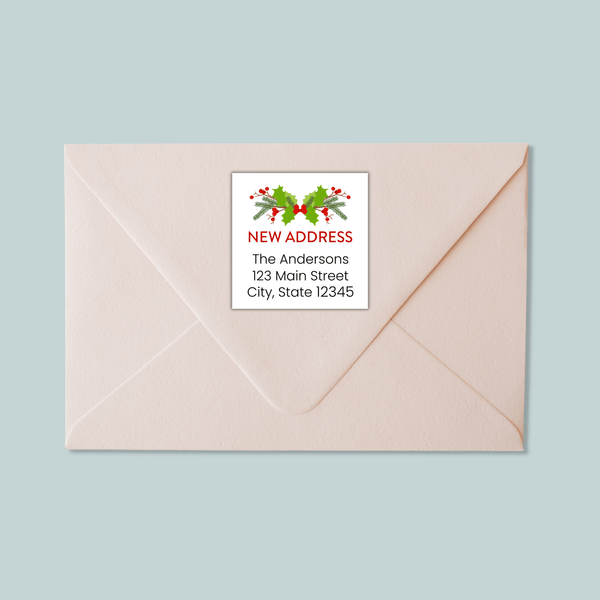 Christmas Holly - We've Moved Square Address Label - The Note House