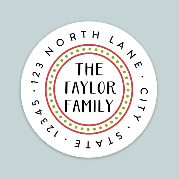 Dotted Border Red and Green - Round Address Label - The Note House