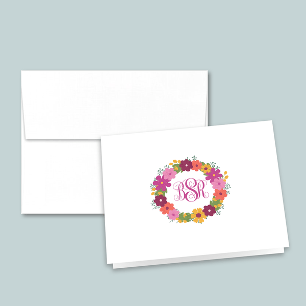 Floral Wreath Monogram - Personalized Folded Note Card - The Note House