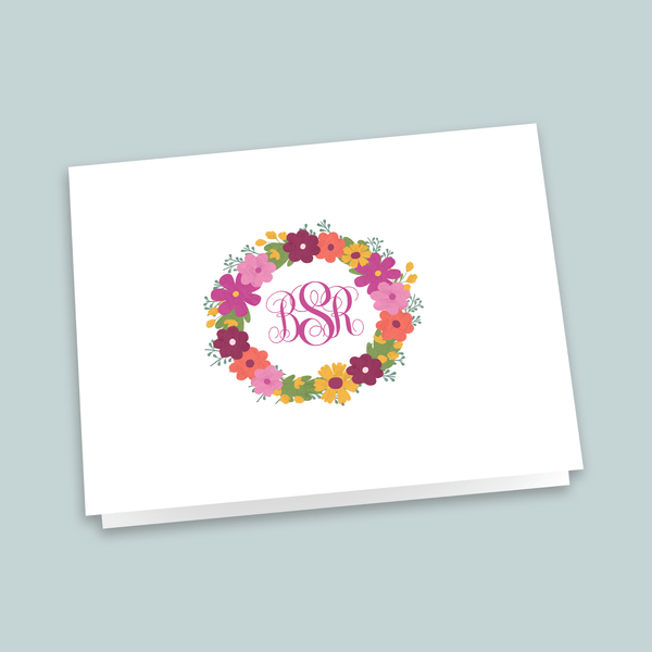 Floral Wreath Monogram - Personalized Folded Note Card - The Note House
