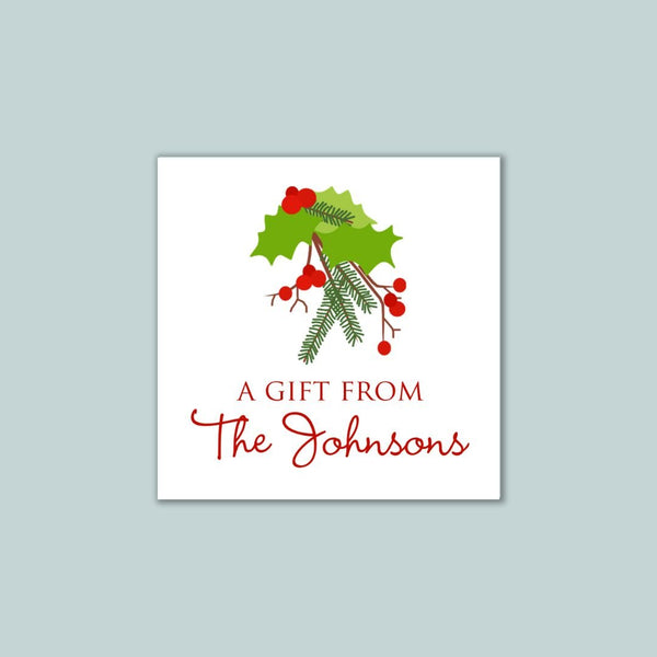 Christmas Holly - Personalized Square Gift Sticker - The Note House