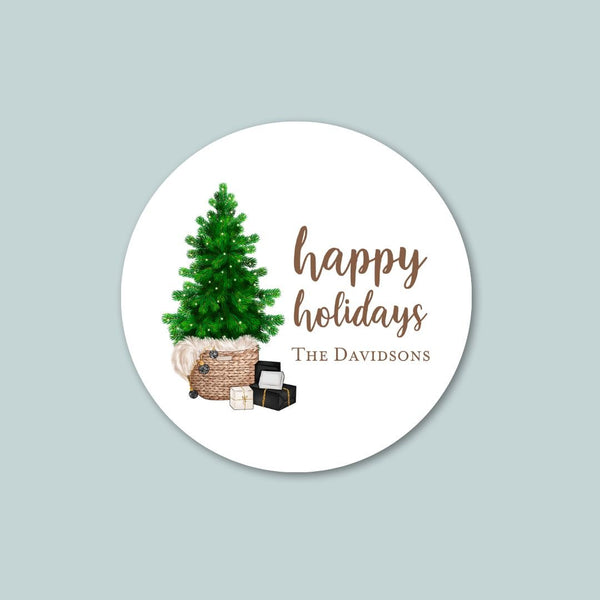 Christmas Tree in a Basket - Personalized Round Gift Sticker - The Note House