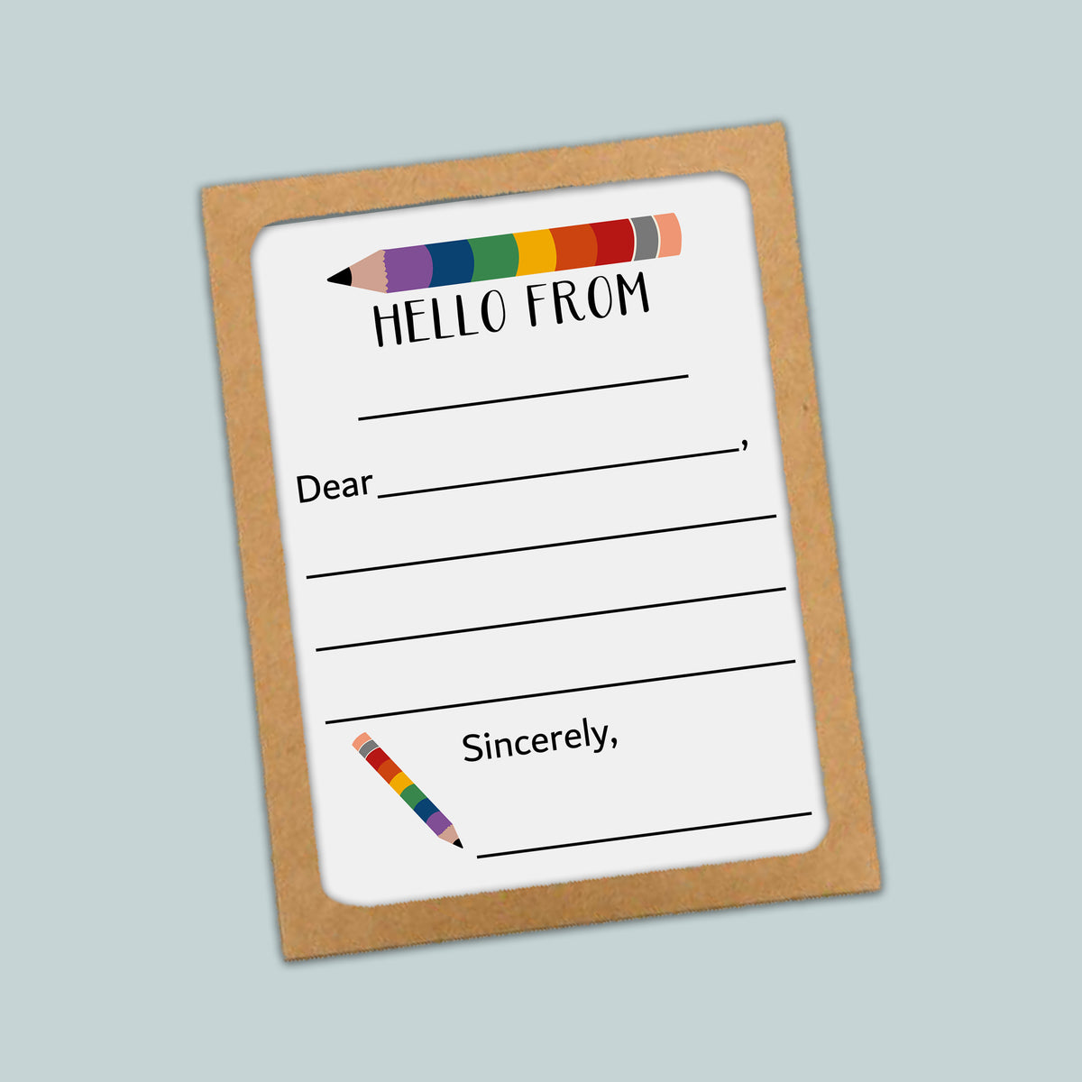 The image is a greeting card with a blank space for writing a message and a pencil graphic.