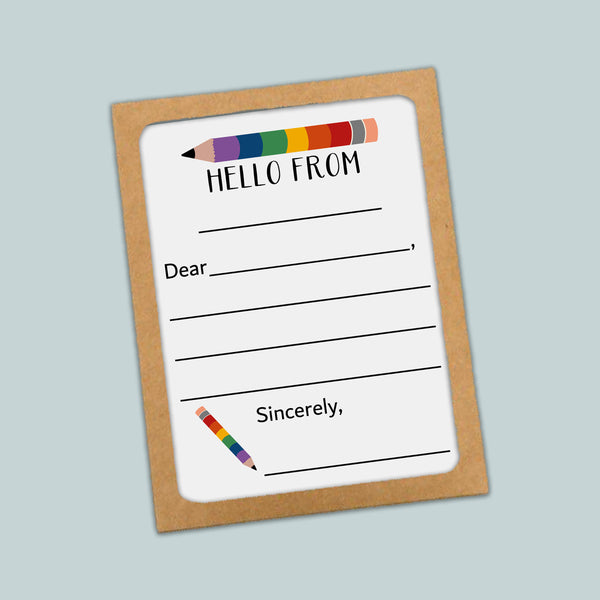 The image is a greeting card with a blank space for writing a message and a pencil graphic.