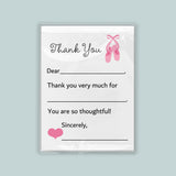 The image is a white thank you card with a pink ballet shoe graphic and a heart symbol. The card has a blank space for a recipient's name and a message expressing gratitude.
