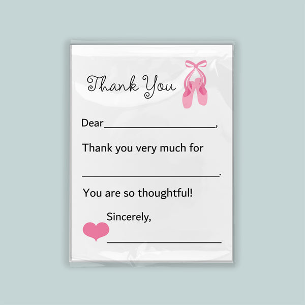 The image is a white thank you card with a pink ballet shoe graphic and a heart symbol. The card has a blank space for a recipient's name and a message expressing gratitude.