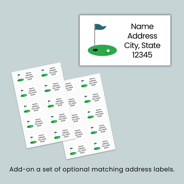 a set of address labels and a golf hole graphic, along with a text that reads "Add-on a set of optional matching address labels."