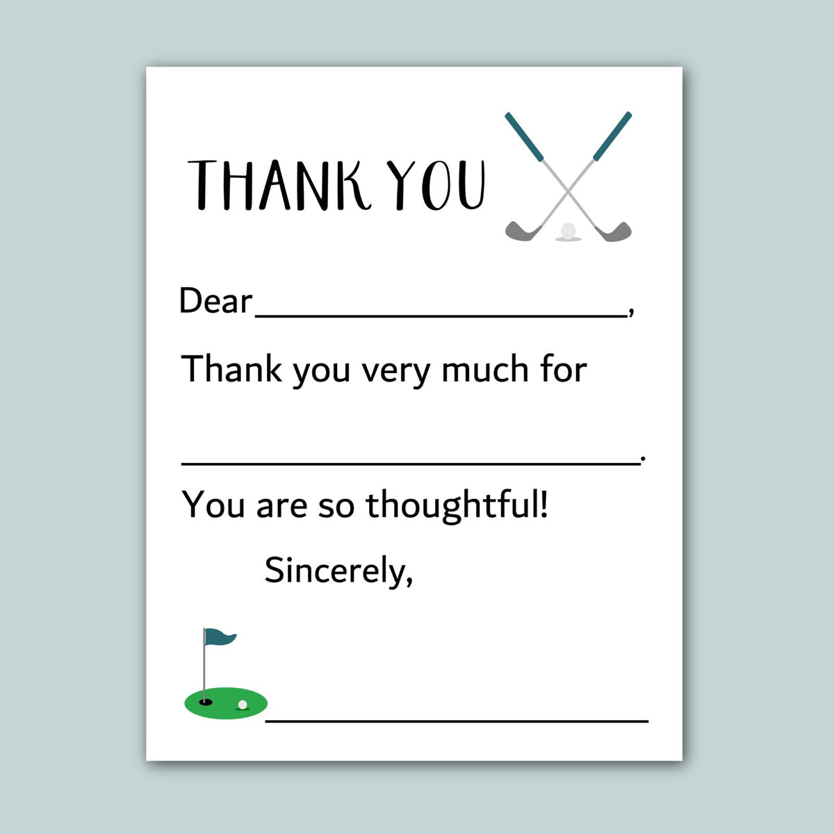 The image is a white card with a golf-themed design, including a golf club and a golf ball. The card has a message expressing gratitude, and it is not a collage of multiple images. The message is written in a clear, simple font and includes a golf club and ball illustration. The card does not contain any redundancy or vague wording, and it focuses on the gratitude message.