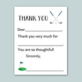 The image is a white card with a golf-themed design, including a golf club and a golf ball. The card has a message expressing gratitude, and it is not a collage of multiple images. The message is written in a clear, simple font and includes a golf club and ball illustration. The card does not contain any redundancy or vague wording, and it focuses on the gratitude message.