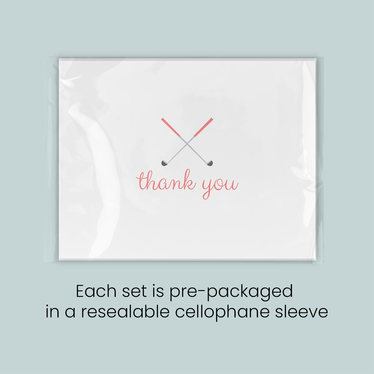 A set of pre-packaged greeting cards with a simple design and text that says "Thank you". Each set is pre-packaged in a resealable cellophane sleeve.
