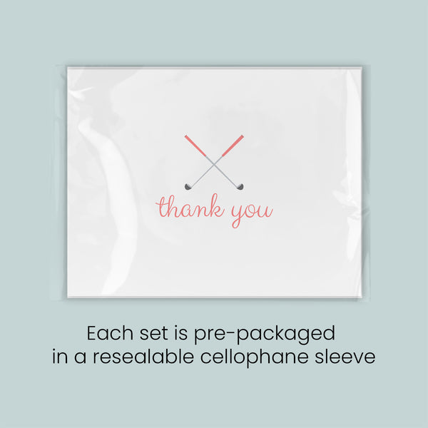 A set of pre-packaged greeting cards with a simple design and text that says "Thank you". Each set is pre-packaged in a resealable cellophane sleeve.