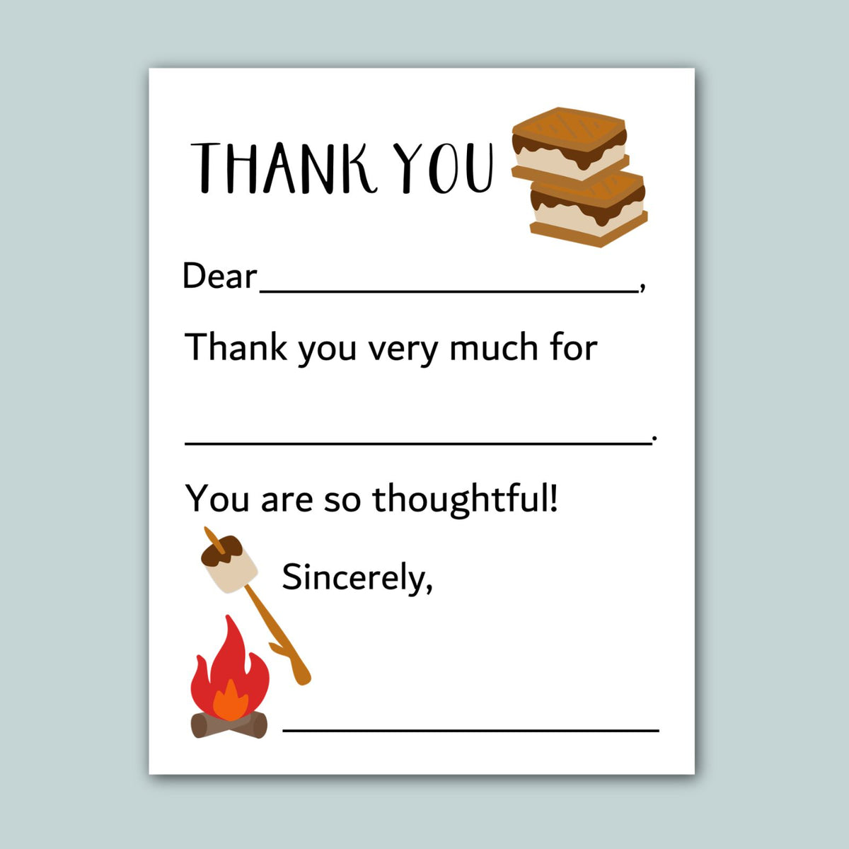 The image is a printed card with a message and a graphic of a campfire and marshmallows. The card has a blank space for the recipient's name and a blank space for a response.