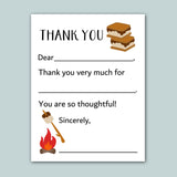 The image is a printed card with a message and a graphic of a campfire and marshmallows. The card has a blank space for the recipient's name and a blank space for a response.