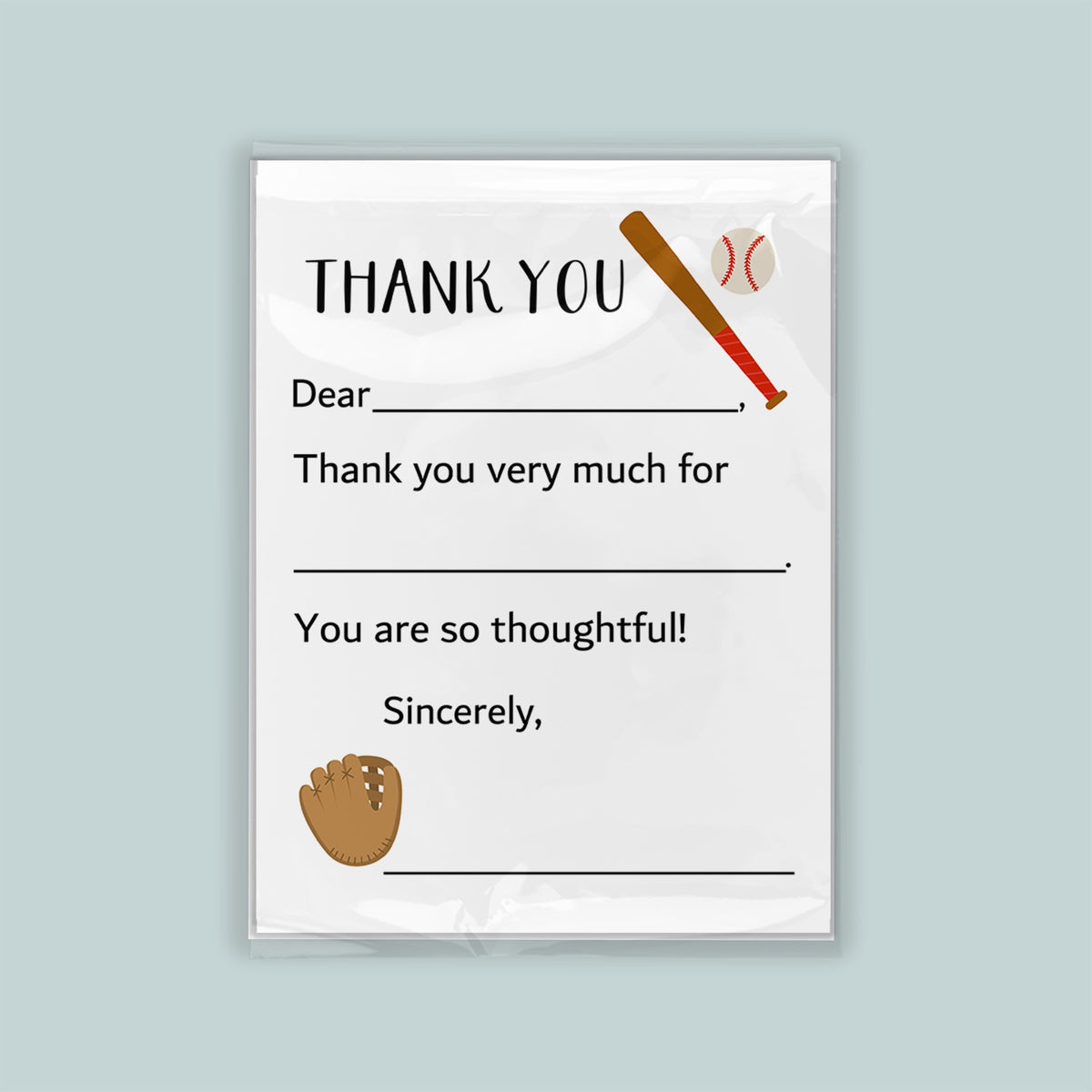 The image is a white thank you card with a baseball theme, featuring a baseball bat, ball, and glove. The card is blank, with space for a message of thanks.