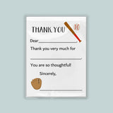 The image is a white thank you card with a baseball theme, featuring a baseball bat, ball, and glove. The card is blank, with space for a message of thanks.