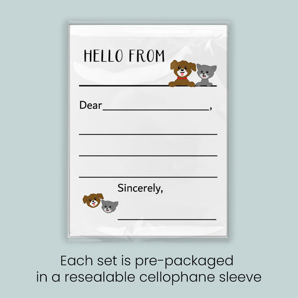 The image is a pre-packaged greeting card with a dog and cat illustration, and it is pre-packaged in a resealable cellophane sleeve. Each set is pre-packaged in a resealable cellophane sleeve.