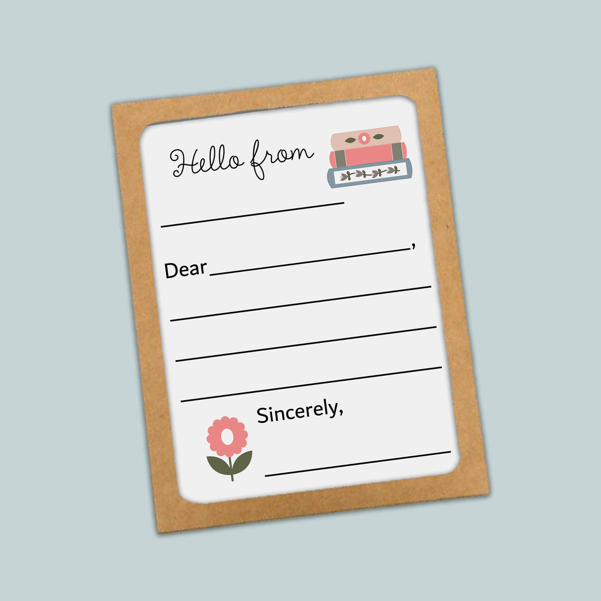 The image is a blank greeting card with a floral design and a pink flower. The card has a blank space for a message and a space for a signature.