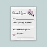 The image is a white thank you card with a pair of pink skates on the top right corner. The card has a blank space for a message and a snowflake graphic on the bottom right corner.