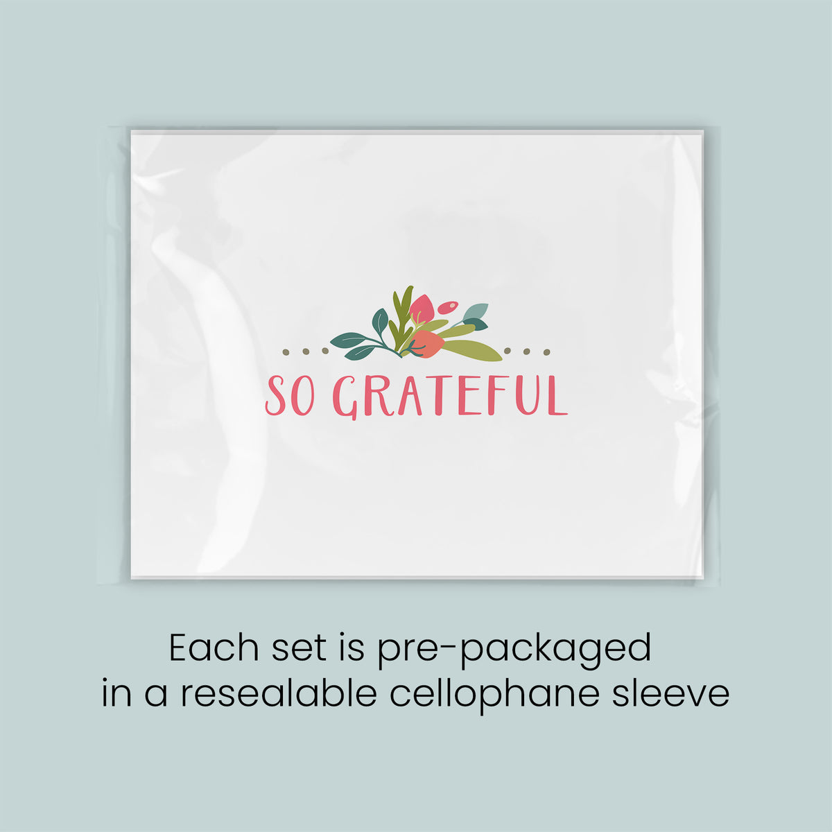 The image is a set of pre-packaged greeting cards, each set in a resealable cellophane sleeve.