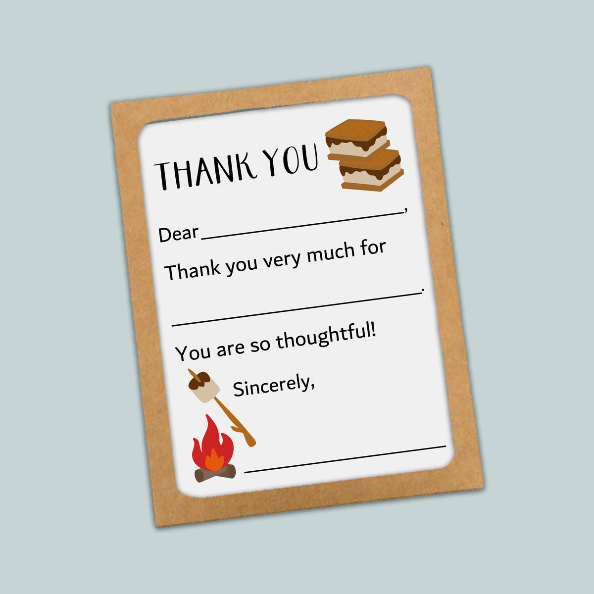 The image is a brown card with a white background, featuring a message of gratitude and a marshmallow-related illustration.