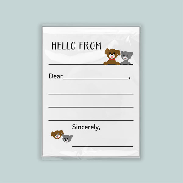 The image is a white envelope with a greeting card design on the front. The envelope has a blank space for writing a message and two cute cartoon animal illustrations on the front.