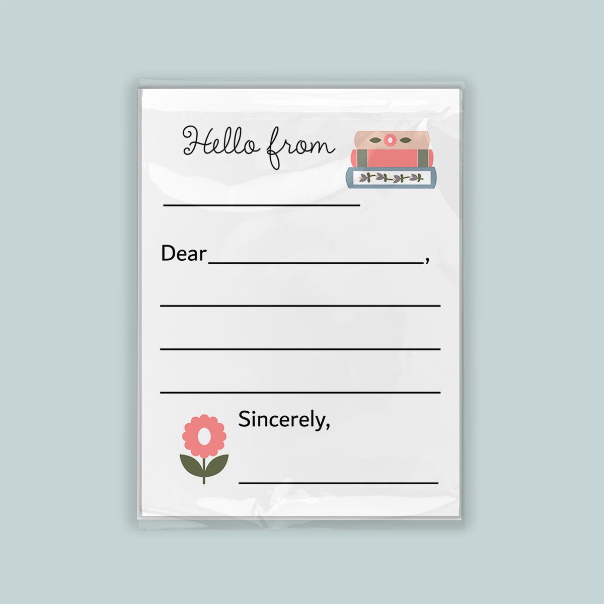 The image is a blank letterhead with a floral design and a message that reads "Hello from Sincerely".