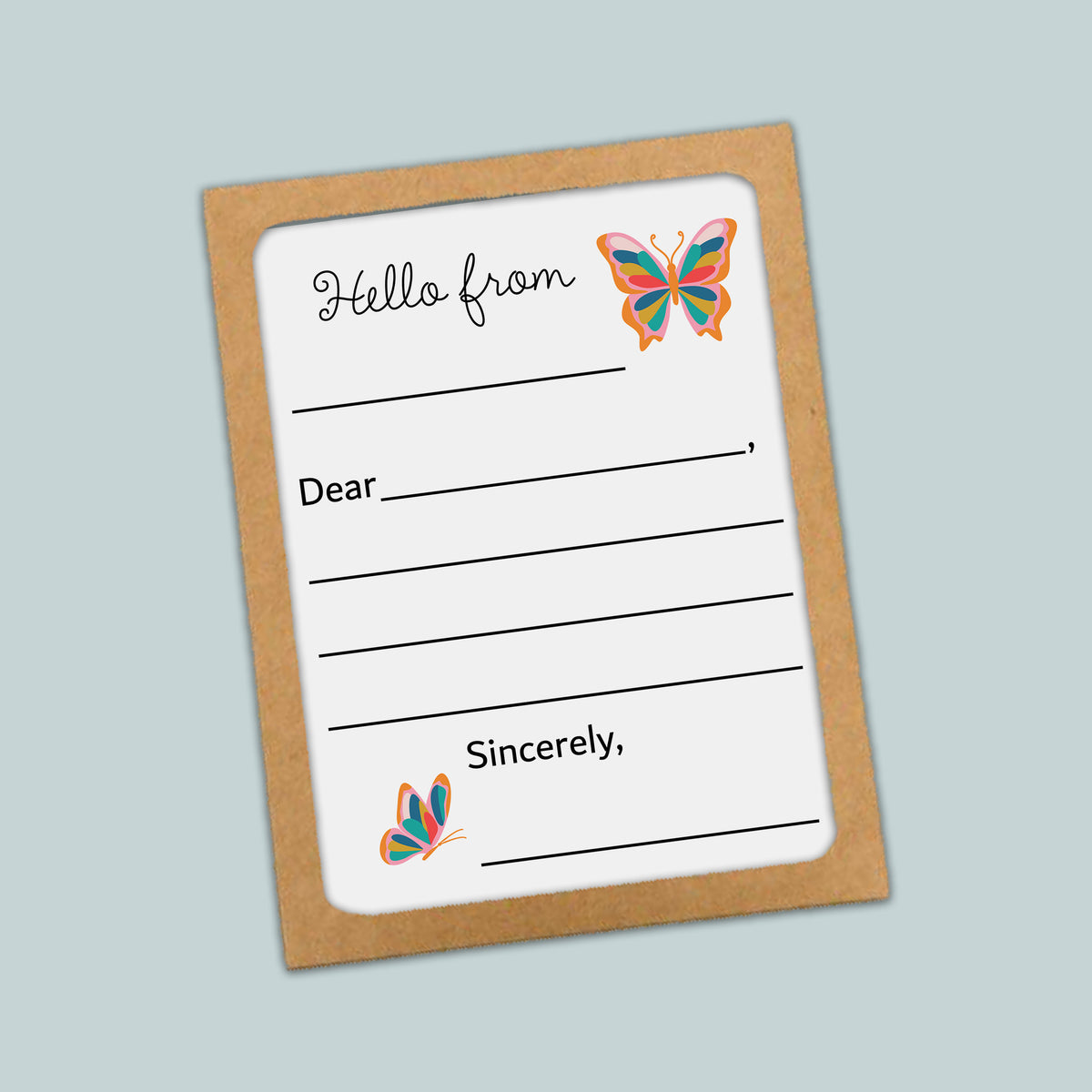 The image is a greeting card with a blank space for a message and two butterflies.