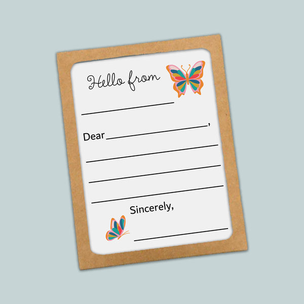 The image is a greeting card with a blank space for a message and two butterflies.