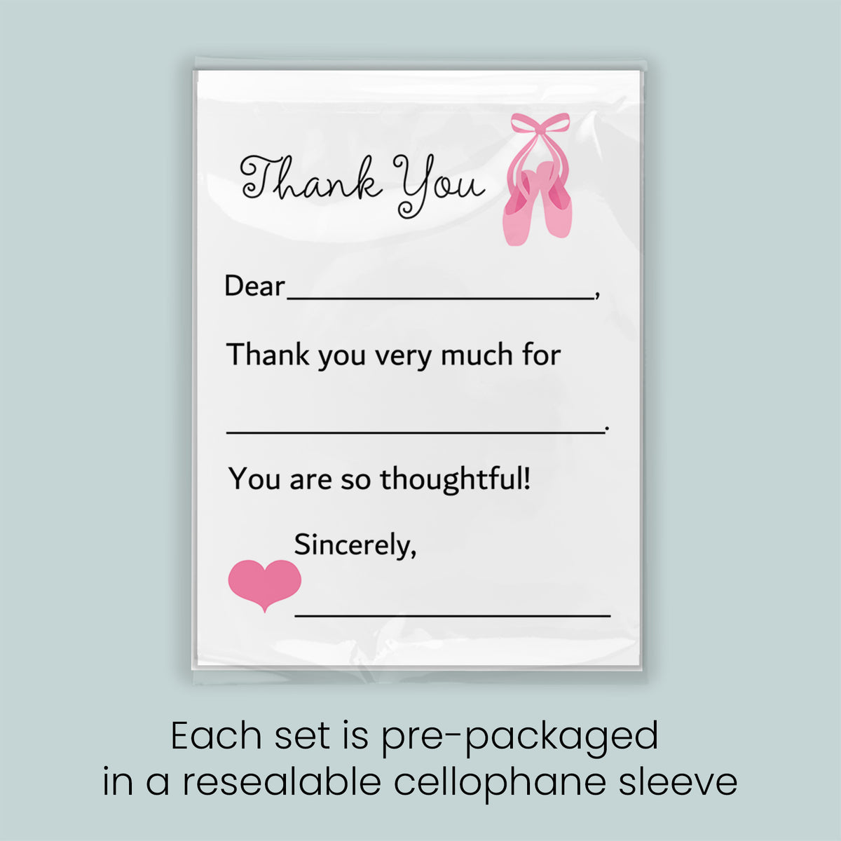 The image is a thank you card with a pink ballet shoe and heart design. Each set is pre-packaged in a resealable cellulophone sleeve.