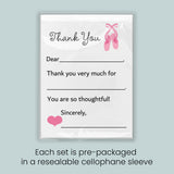 The image is a thank you card with a pink ballet shoe and heart design. Each set is pre-packaged in a resealable cellulophone sleeve.