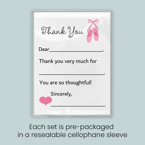 The image is a thank you card with a pink ballet shoe and heart design. Each set is pre-packaged in a resealable cellulophone sleeve.