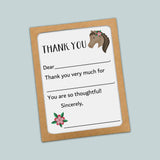 The image is a blank thank you card with a horse illustration on the top left corner.