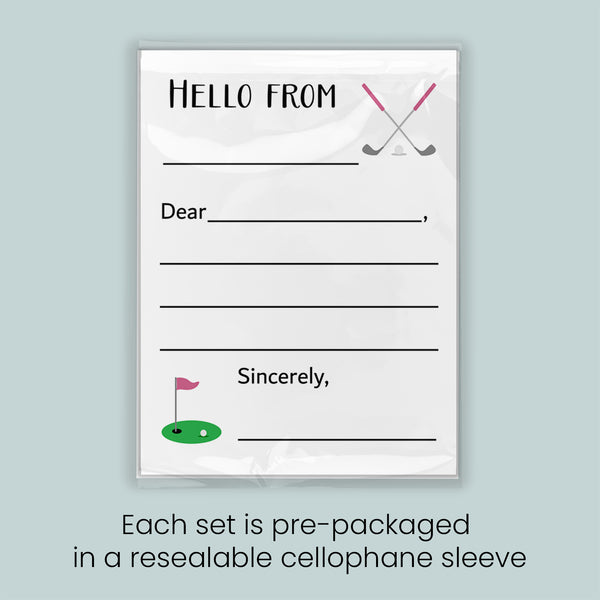 The image is a greeting card with a blank space for a message, a golf club symbol, and a flag, all set against a light blue background. Each set is pre-packaged in a resealable cellophane sleeve.