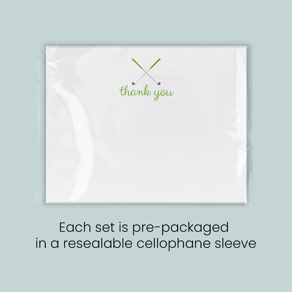 A white rectangular card with a green "thank you" message and crossed golf clubs on it, along with text indicating that each set is pre-packaged in a resealable cellophane sleeve.