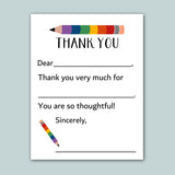 The image is a blank thank you card with a rainbow-colored pencil on the top left corner. The card has a blank space for a message and a blank space for a signature.