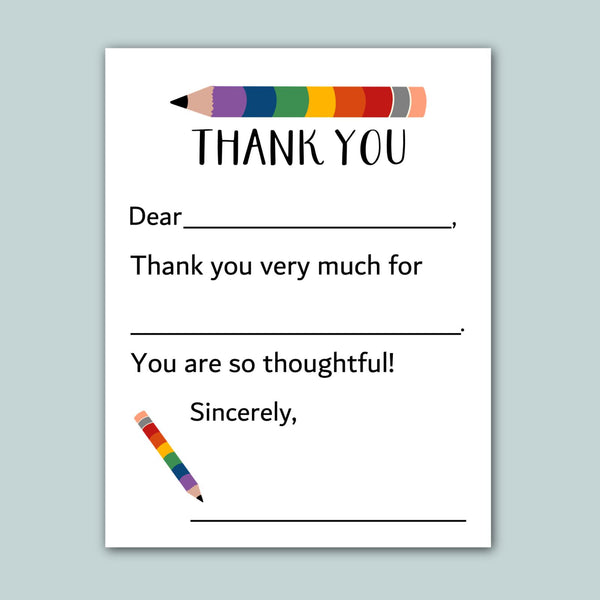 The image is a blank thank you card with a rainbow-colored pencil on the top left corner. The card has a blank space for a message and a blank space for a signature.