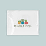 A greeting card with a simple design featuring three potted plants with different colored pots, accompanied by the text 