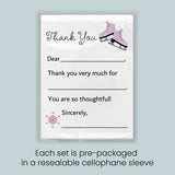 The image is a thank you card with a pair of pink skates and a snowflake graphic. Each set is pre-packaged in a resealable cellophane sleeve.