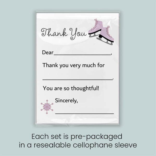 The image is a thank you card with a pair of pink skates and a snowflake graphic. Each set is pre-packaged in a resealable cellophane sleeve.