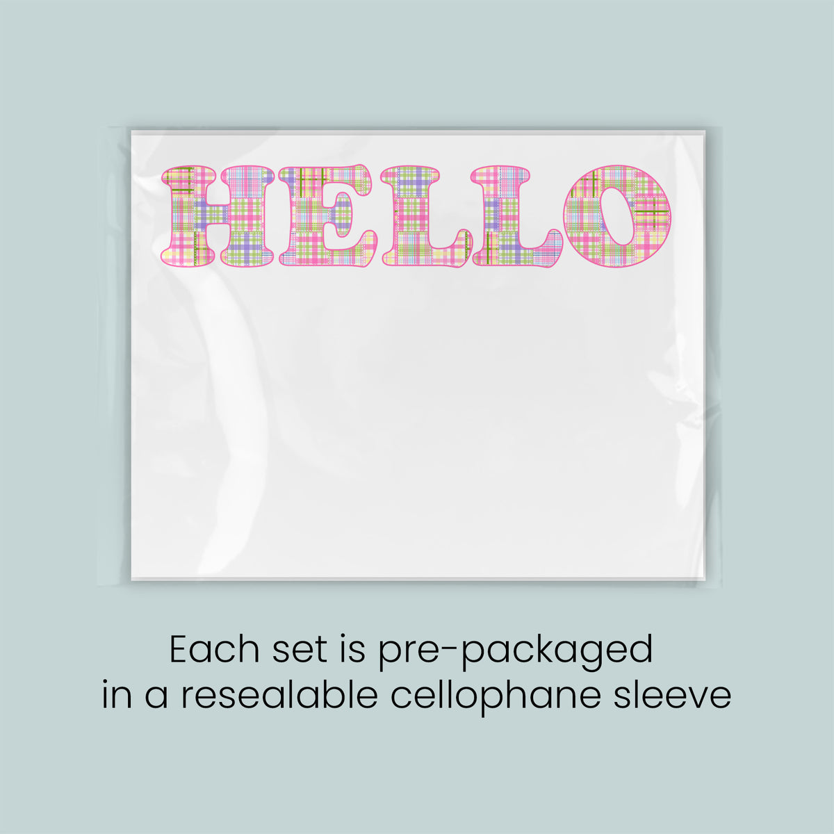 a set of pre-packaged cellophane sleeves with the word "HELLO" printed on them. Each set is pre-packaged in a resealable cellophane sleeve.