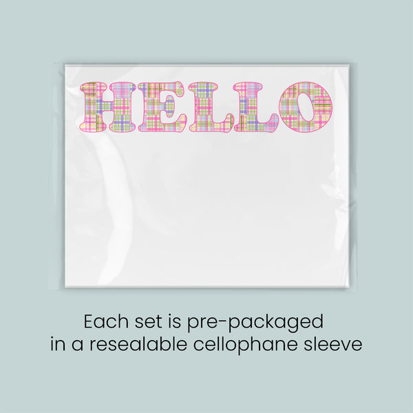a set of pre-packaged cellophane sleeves with the word "HELLO" printed on them. Each set is pre-packaged in a resealable cellophane sleeve.