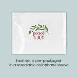 A white rectangular card with a red and green design featuring the text 