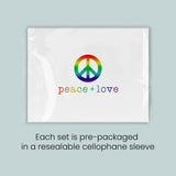 a set of pre-packaged items in a re sealable cellophane sleeve, each set containing a peace sign and the words 