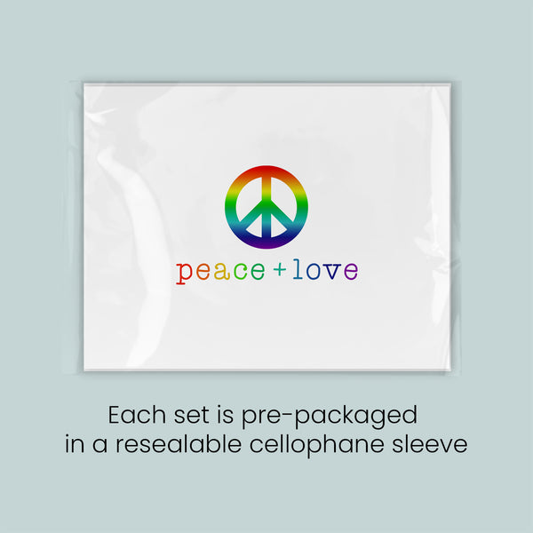 a set of pre-packaged items in a re sealable cellophane sleeve, each set containing a peace sign and the words "peace + love" printed on it.