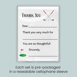 The image is a thank you card with a golf-themed design, and each set is pre-packaged in a resealable cellophane sleeve.
