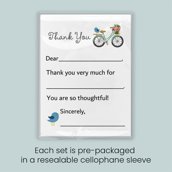 The image is a thank you card with a bicycle and a bird on it. Each set is pre-packaged in a resealable cellophane sleeve.