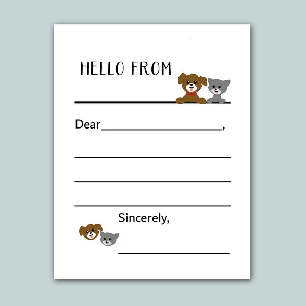 a blank letter addressed to someone named Sincerely, with a playful and friendly tone. The letter is decorated with a cartoon image of a dog and a cat, adding a lighthearted touch to the message.