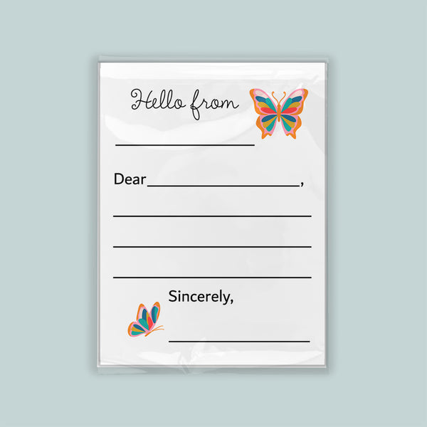 The image is a blank letterhead with a message that reads "Hello from" and includes a butterfly illustration.