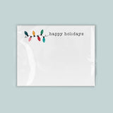A white card with a festive design featuring colorful lights and the text 