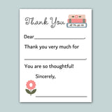 The image is a blank thank you card with a pink flower and a stack of books as decoration.